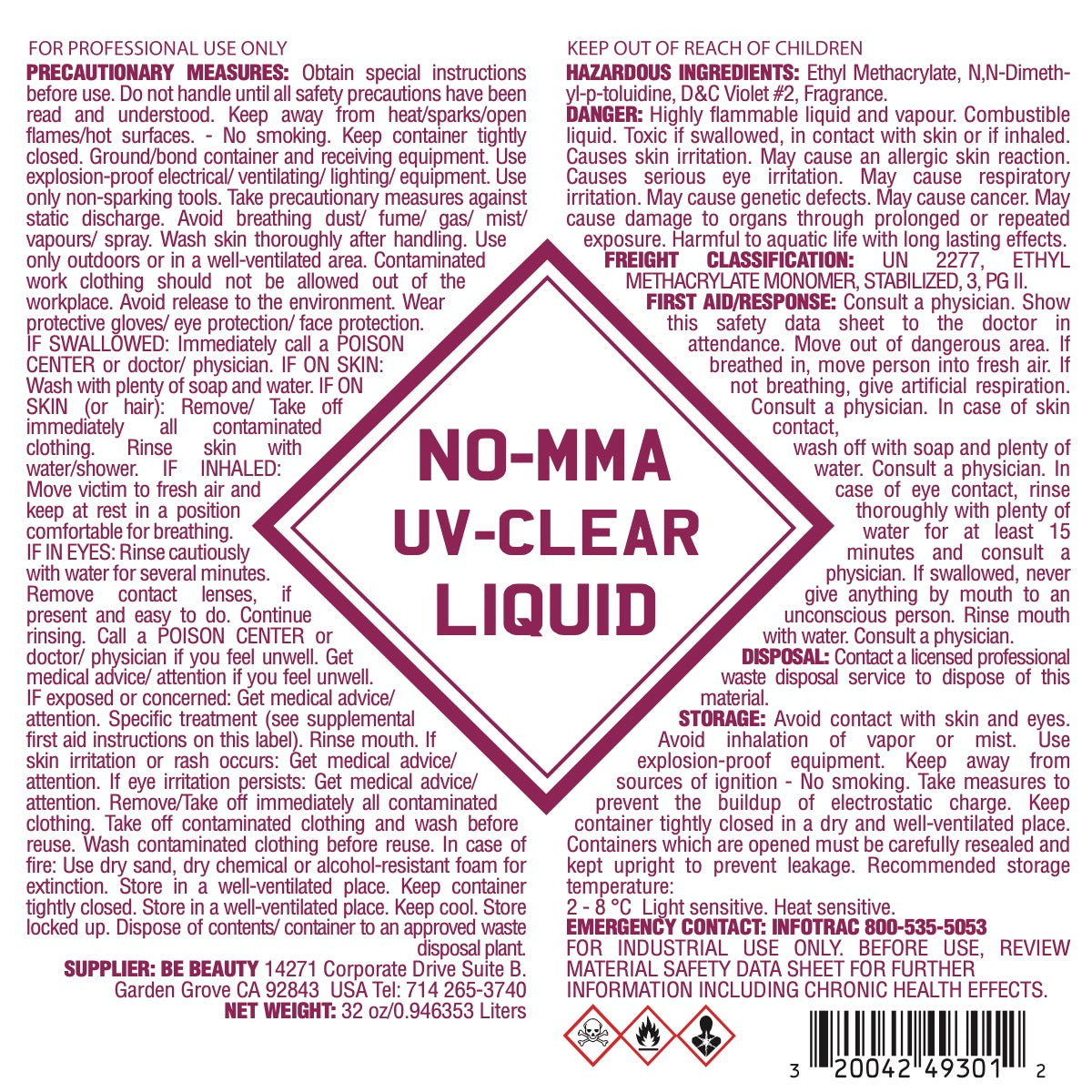 NO-MMA UV-Clear Liquid |  Acrylic Liquid | Monomer | Private Label | Wholesale